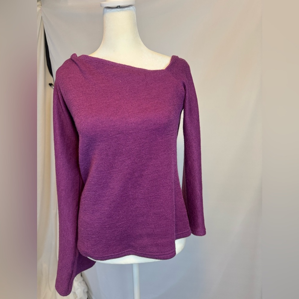 CBR fuchsia/plumb pink sweater, asymmetric neckline, flare sleeves